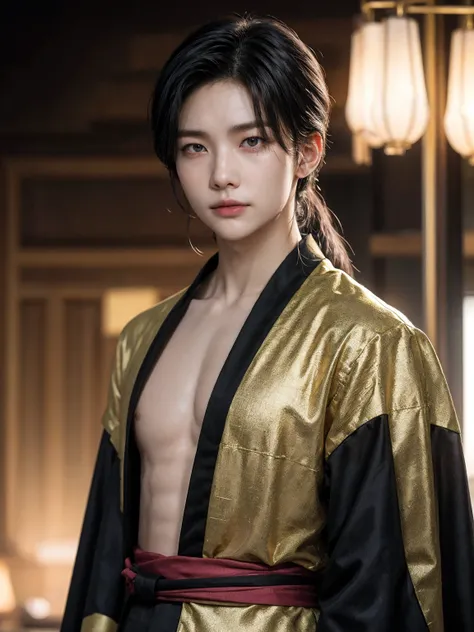 Asian man posing for a photo wearing black and gold kimono, Golden light,  long hair tied,  marked abdomen, 8K, flap of hair, realistic photo, studio lighting,  ultra fine paint , physics based rendering, vibrant colors, bokeh, landscape, retrato, arte con...