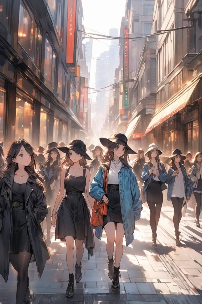 cute， girls on the left，street fashion、Woman wearing a blue jacket and a black hat