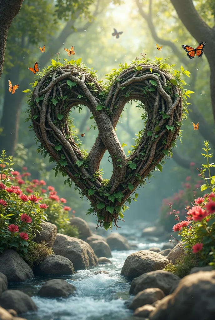 Realistic logo with the letters M and W inside a heart made of trunks, In the background a lot of nature,Ladybugs, butterflies,Flowers a river with fish include white quartz crystal rocks