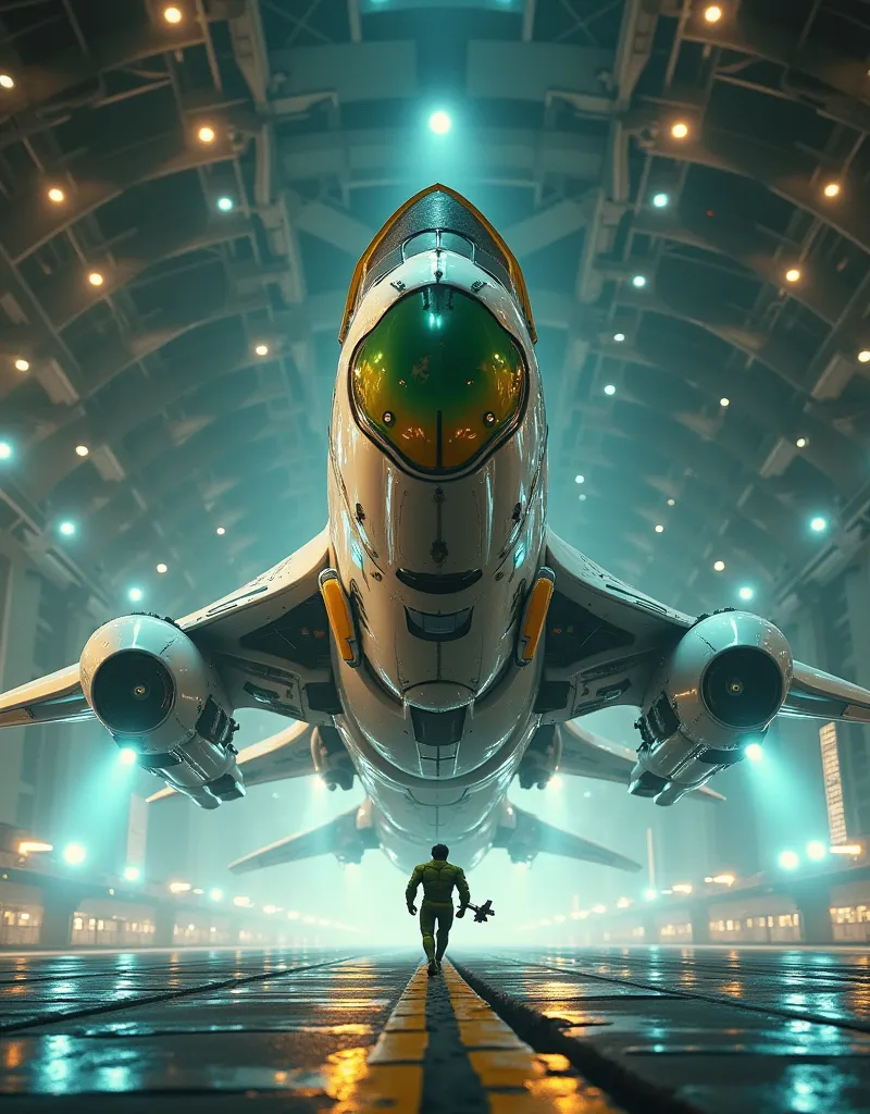 Fish eye view, a minimalist futurist Eagle shape spacecraft with razor-sharp beak, detailed tinted pilot at glass cockpit, with an aerodynamic structure and shiny metallic armor in shades of white, green and yellow, mechanical details visible on the joints...