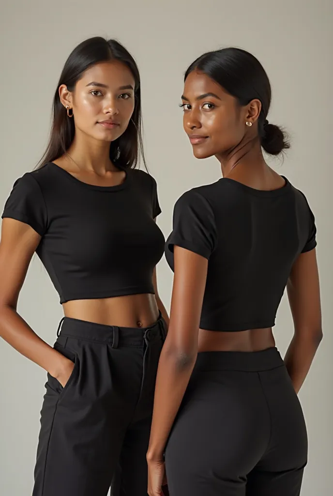 ** Description :**  
Two Nicaraguan women wearing black cotton crop tops, medium short sleeve and round neck. One is facing the camera showing the smooth design of the front, and the other one has its back to the camera showing the back of the garment.sepa...