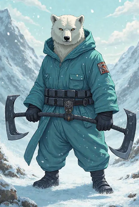 Naruto Shinobi as a polar bear with teal hooded jumpsuit, black belt, black gloves and black boots. He wields dual sickles.