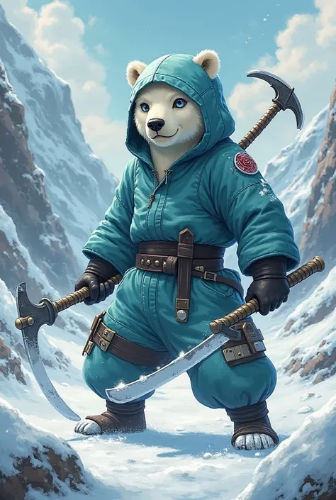 Naruto Shinobi as a polar bear with teal hooded jumpsuit, black belt, black gloves and black boots. He wields dual sickles.