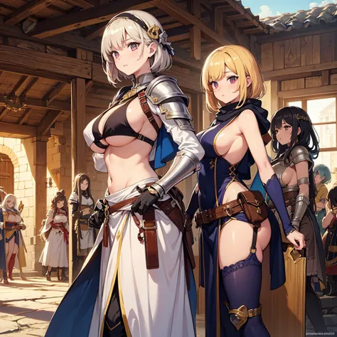 High quality, super detailed, best quality, highly detailed, beautiful, masterpiece, vibrant colors, shiny skin, perfect anatomy, female group, harem, knights, armor, medieval, fantasy, equipped with weapons, bags, pouches, big boobs, sideboob, underboob