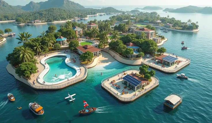 A sustainable, futuristic shaped of floating town on ocean featuring a surf pool with wave-generating machines, surrounded by solar-paneled designed houses, glass-greenhouse gardens, and hygienic animal farms with individual fencing. The town includes an a...