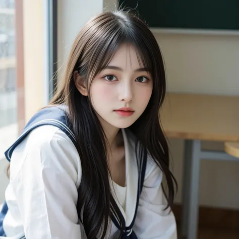 A beautiful Japanese high school girl sitting by the window in a classroom, wearing a neat and elegant school uniform (white blouse, navy blazer, pleated skirt). She has long, silky black hair and clear, bright eyes. Sunlight softly illuminates her face, c...