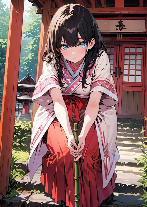 It's because of Rikkata,   black hair,  blue eyes,semi-long hair,  Orange Scrunch , scrunchie , List Scrunch, shrine maiden costume, white kimono ,Red Hakama,I'm cleaning the stairs with a bamboo broom with both hands,noon,full bodyがillustrationsに入るように,   ...
