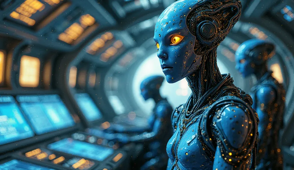 "A futuristic, highly detailed sci-fi scene inside an advanced spaceship command center. A cybernetic humanoid alien with glowing blue skin and intricate metallic features stares in shock, its golden, mechanical eyes wide open in disbelief. Behind it, a cr...