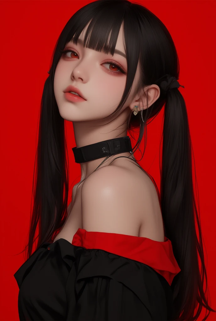 Masterpiece, top quality, highest quality, high resolution, full body shot, photorealistic, raw photo, 8K wallpaper unified with extremely detailed CG. 1 Woman, Beautiful female, parted hair, twin tails, red eyes, Moist lips, choker, off shoulder shirt, pr...