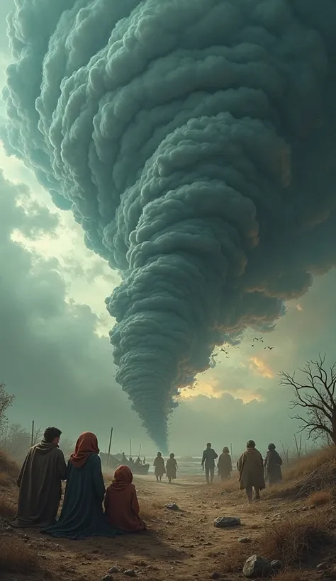 Dark, swirling storm clouds unleash torrential rain and violent winds over a barren, parched landscape. Tornadoes and massive thunderstorms rage in the distance, while people huddle in abandoned shelters. The sky looks like it’s about to break, with flashe...