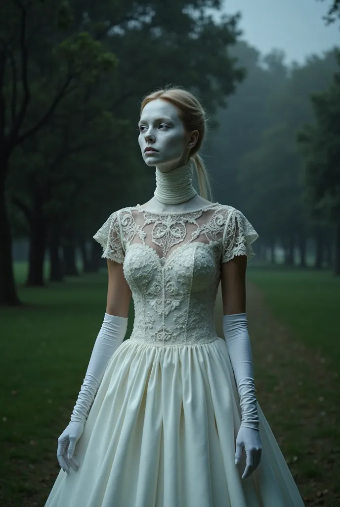 "A beautiful woman with an extremely long neck. She wears a wedding dress ,  completely white, with a tight high collar, corrugated , that wraps around and covers her entire long neck. The fabric of the dress is made of delicate lace and satin, with short ...