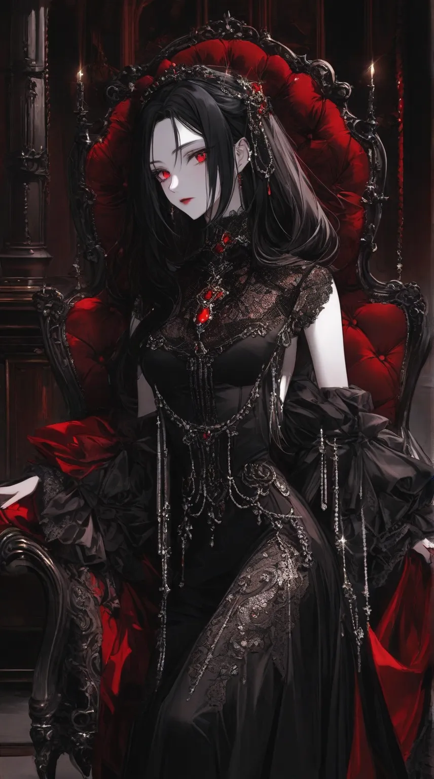 female character with long, flowing black hair, wearing an elegant, gothic black lace dress with intricate embroidery. The character has pale skin and intense red eyes. She is seated in a regal chair with ornate gold and silver details, and wears large jew...