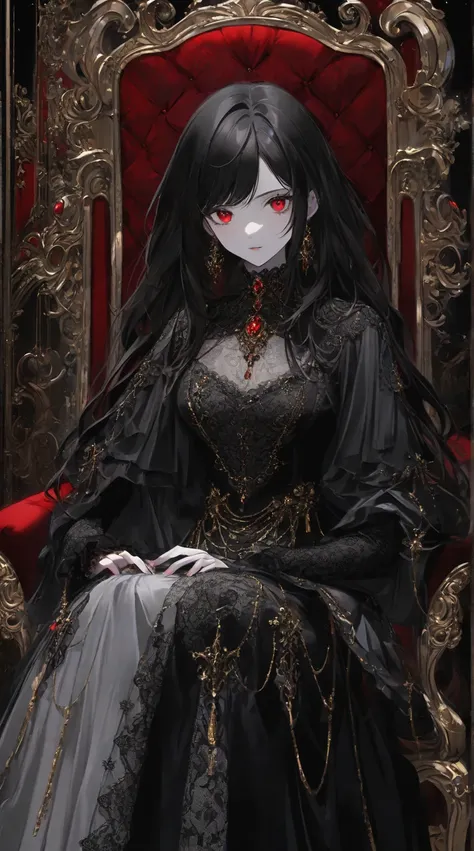 female character with long, flowing black hair, wearing an elegant, gothic black lace dress with intricate embroidery. The character has pale skin and intense red eyes. She is seated in a regal chair with ornate gold and silver details, and wears large jew...