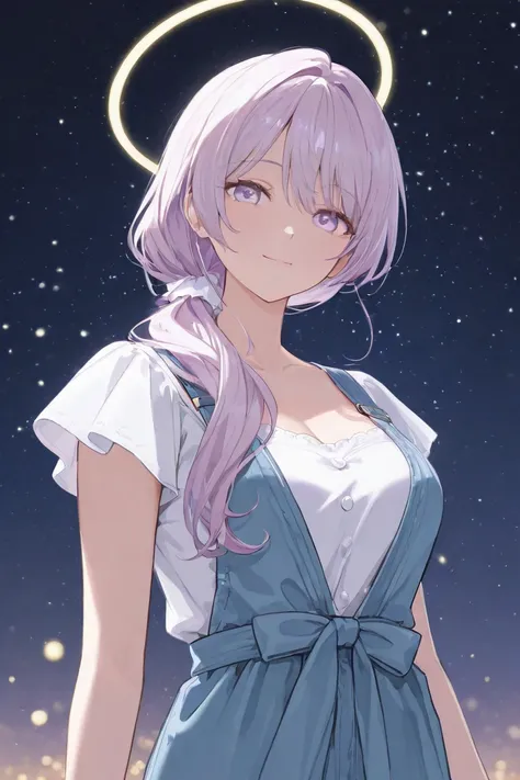 A woman with long straight hair, light purple hair and light purple eyes, delicate body, fluffy, casual one-day background, starry sky, mature, cool, and the touch of the picture is clear and fluffy