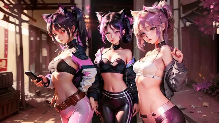 make a new one with only one person on it i want her in glossy Leggings black and a jacket with a tube top  with Bigger Body Porpotions for streaming starting soon sfw keep cat ears and only have phone beside and i want black ponytail hair with dark pink h...