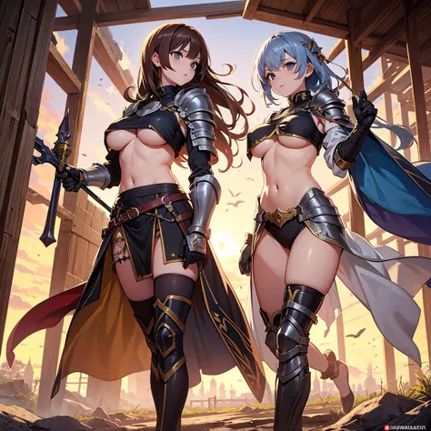 High quality, super detailed, best quality, highly detailed, beautiful, masterpiece, vibrant colors, shiny skin, perfect anatomy, female group, harem, knights, armor, medieval, fantasy, equipped with weapons, bags, pouches, big boobs, sideboob, underboob