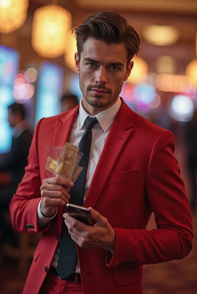 a casino man wearing a red suit, 25 years old, standing, holding a lottery ticket and phone in the other hand