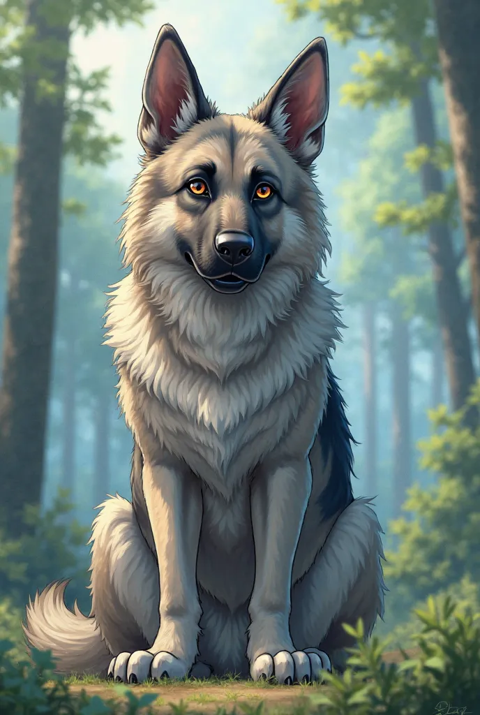 An anime-style German shepherd in the foreground