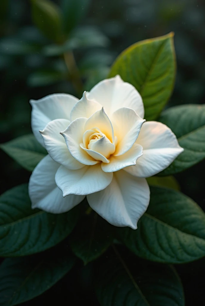 A pristine white Gardenia flower with lush, layered petals, exuding a soft glow in the evening light. The subtle fragrance is almost tangible, surrounded by deep green glossy leaves