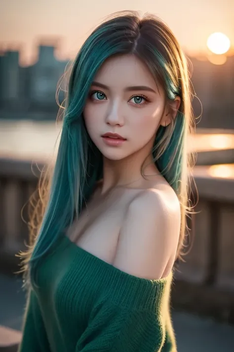 best quality , Masterpiece,  super high resolution, ( realism: 1.4),   Original Pictures ,  1 girl,  green eyes,  off shoulder,  Cinematic Lighting,   blue hair , At sunset