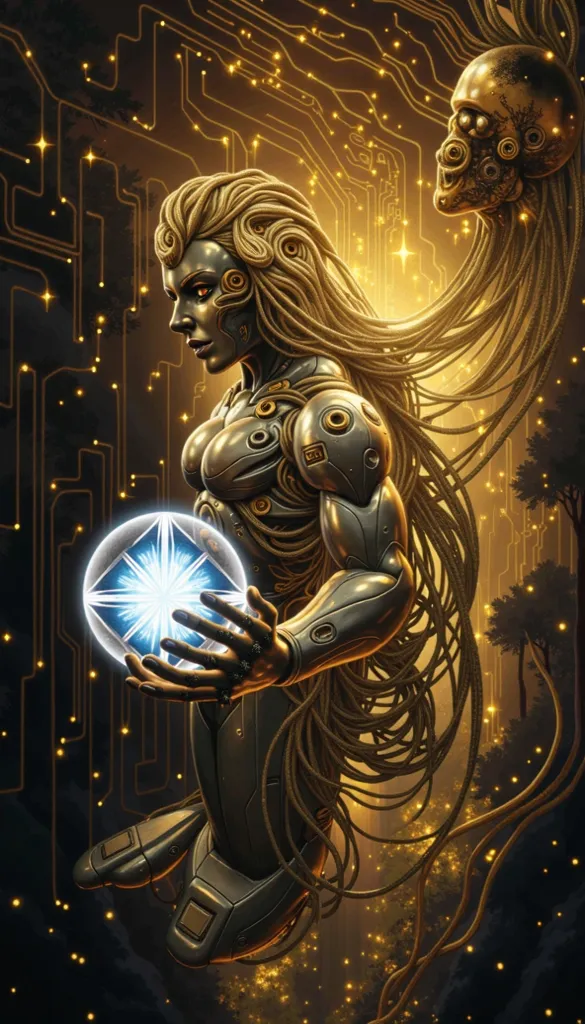 A futuristic female deity embodying optimization, with an elegant and technological body adorned with intricate gears and a flawless chrome and gold finish, symbolizing efficiency and perfection. She cradles a radiant sphere of pure energy in one hand, whi...