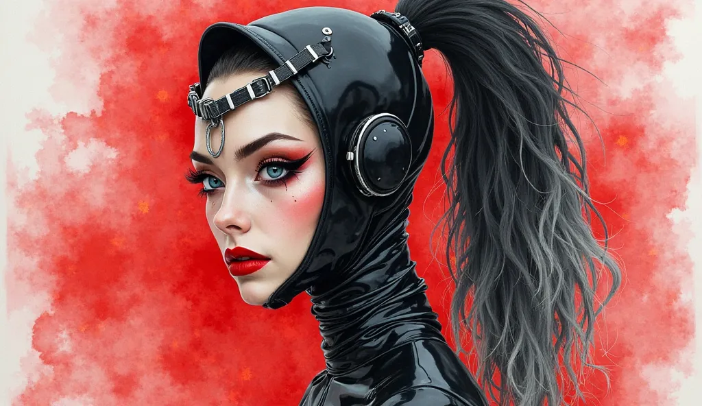 style watercolor painting. Illustration of a Very thin woman in black latex. A harness with wide straps and steel buckles is attached to her face, forehead, chin and mouth, with painted bright red lips.  Latex hood. Very fluffy and long black and white pon...