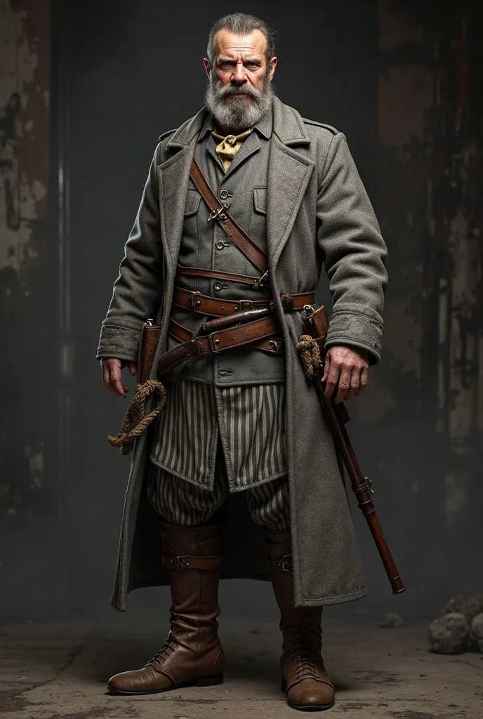 A realistic game character, male 40 years, British 1800s face, Franz Josef beard style, wearing a grey matched upper and lower body clothe, brown boots with iron guard on front, wearing belts and weapon hosteller with ropes, wearing a long reefer leather w...