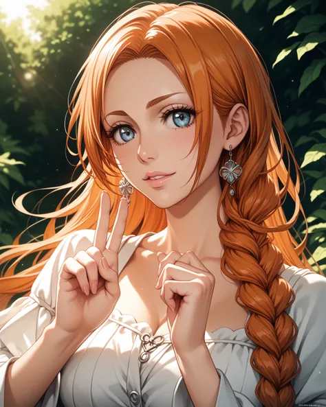 1 girl, inoue orihime/bleach, (Best quality, 8K, masterpiece, Ultra detailed, beautiful,), peace sign,