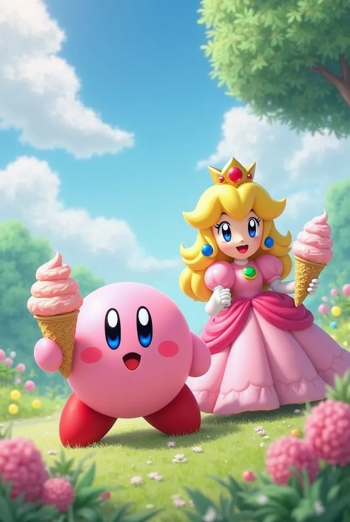 Kirby goes out for ice cream together with princess Peach with huge breasts.