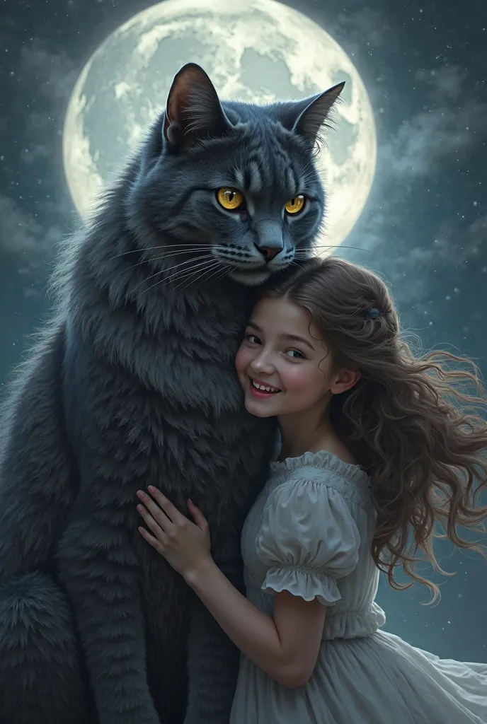 Gray and black royal cat looking at the camera on a full moon night caressing a happy girl with wavy hair