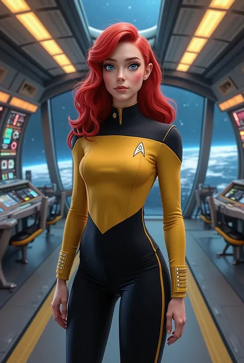 Photo-realistic Ariel in classic yellow Star Trek: The Next Generation outfit and black pants on the bridge of the Enterprise