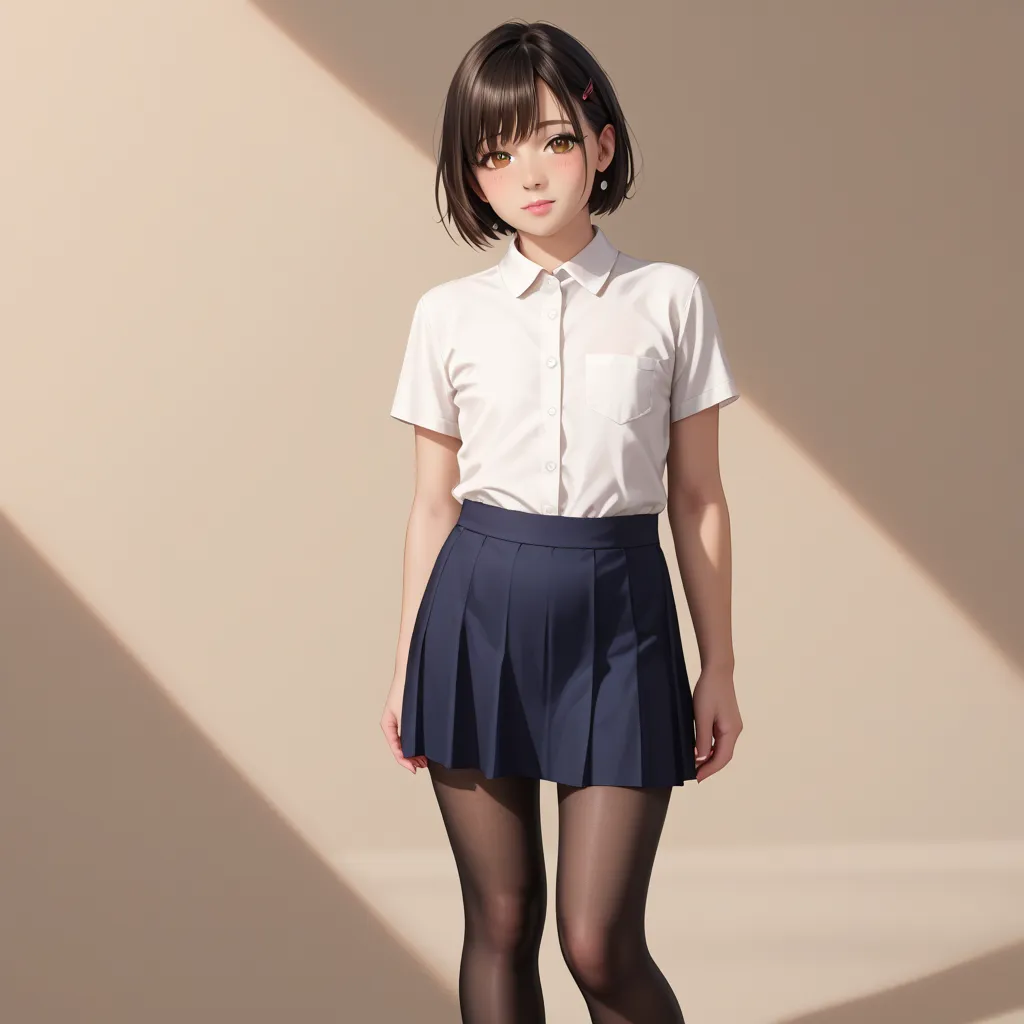  1femboy, (Fat:0.8), stands on his feet, very short men's black hair,  brown eyes, white shirt, black tights, black skirt knee length,  white sneakers, shy,  decent