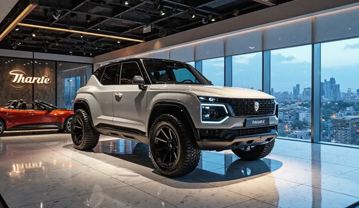 "A futuristic Mahindra Thar.e electric SUV displayed in a high-end luxury showroom with a sleek and modern interior. The showroom has glossy marble floors, ambient lighting, and a premium automotive atmosphere. The Thar.e is positioned on an elevated platf...