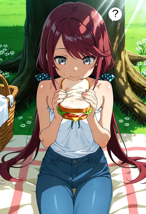 Masterpiece, best quality, amazing quality, crumbs on face, question mark, expressionless girl, long hair in low twin tails, gray eyes, dark red hair, long swept bangs, upper body, small breasts, toned arms, strapless loose sleeveless shirt, white shirt, s...