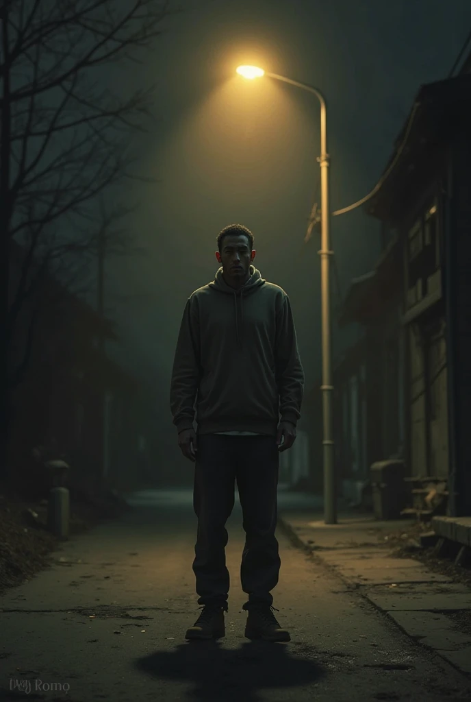 Sad man standing in street light in night