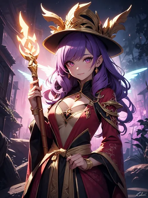 A highly detailed fantasy portrait of Lulu, the small Yordle sorceress from League of Legends, shown from the waist up. As a Yordle, she has a petite, furry appearance with light purple skin and large, glowing purple eyes. Her fluffy violet hair complement...