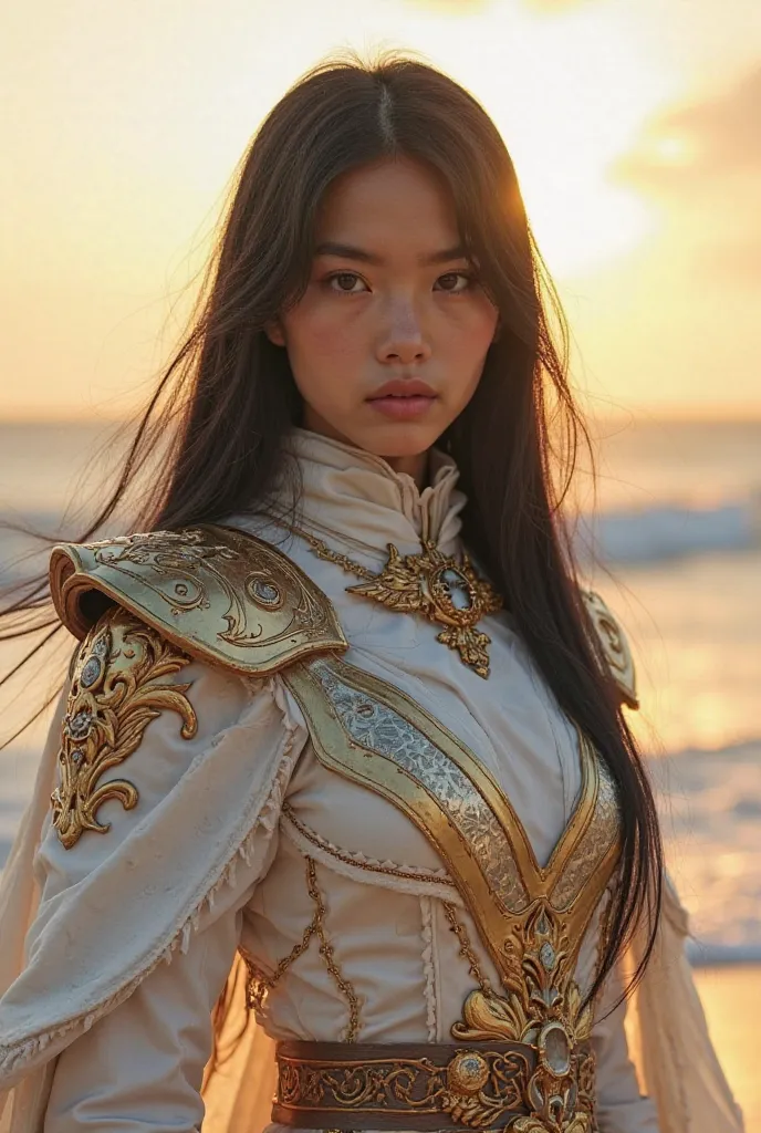 a 22 years old beautiful sweet thai girl, elite ancient thai knight general, (white women's armor pulsing with magic and energy:1.4), (intricate color capes:1.1),tactical implants ,1girl, beautiful black eyes, beautiful face, straight long black hair, Uniq...