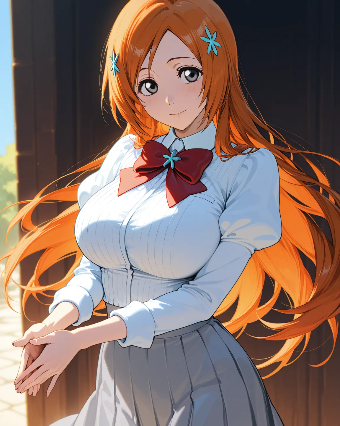 1 girl, inoue orihime/bleach, (Best quality, 8K, masterpiece, Ultra detailed, beautiful,), BREAK peace sign,