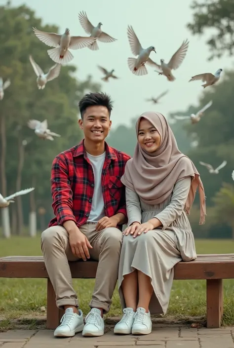 Stunning 8k portrait photo of an Indonesian man showing off his slim body and red plaid clothes, He has short, spiky hair.., beige cargo pants, and white shoes. The man sat on a long chair., accompanied by a beautiful girl, hijab, hands holding and smiling...