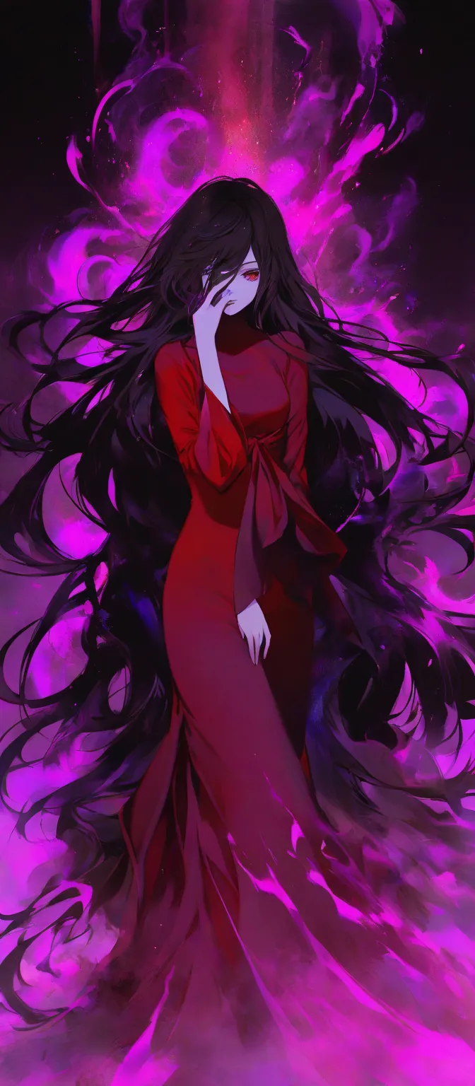 female character with long, flowing black hair that partially covers her face, standing confidently in a form-fitting red gown with off-the-shoulder sleeves. The character has pale skin and is surrounded by swirling purple energy or smoke, creating a super...