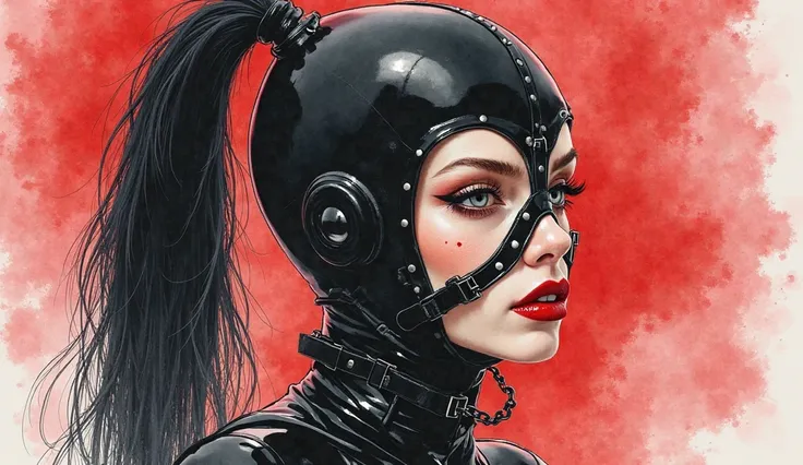 style watercolor painting. Illustration of a Very thin woman in black latex. A harness with wide straps and steel buckles is attached to her face, forehead, chin and mouth, with painted bright red lips.  Latex hood. Very fluffy and long black and white pon...