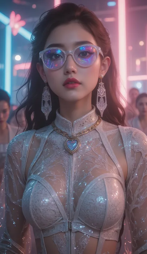 8k, masterpiece, highest quality, Futuristic, holographic sunglasses, iridescent earrings, glittering sequin outfit, neon colors, vibrant reflections, carnival scene in sunglasses, wavy hair, glossy lips, high-fashion makeup, colorful geometric patterns, f...