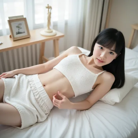 realistic , Realistic Atmosphere , is slightly open ,  sharp image quality , lying on her back on a bright bedroom bed , The body is facing the viewer ,  (((very obscene pose on the desk))) ,  very white skin  , I'm lying on my back and opening my crotch ,...