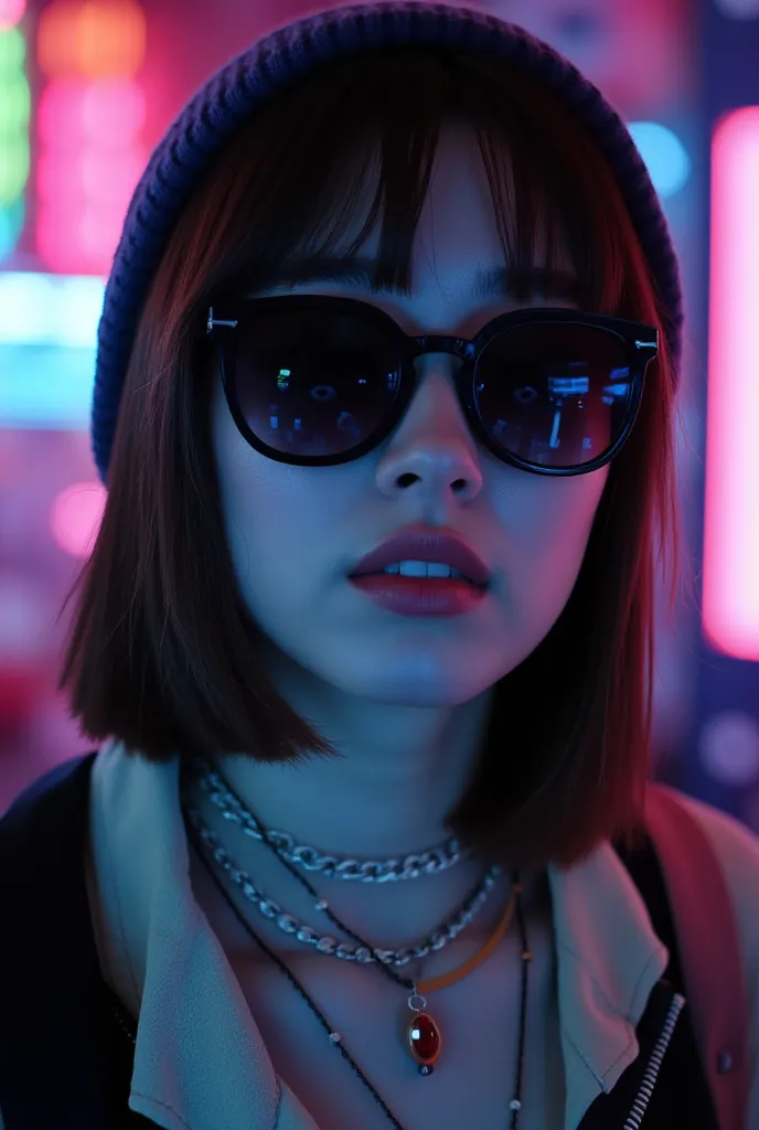 Face close up, alternative girl, watching over black sunglasses, jacket, necklace, neon light reflections on skin, ear ring, makeup, skin imperfection, short hair, beanie, neon lights background, low light, depth of field, highly detailed, high contrast, f...