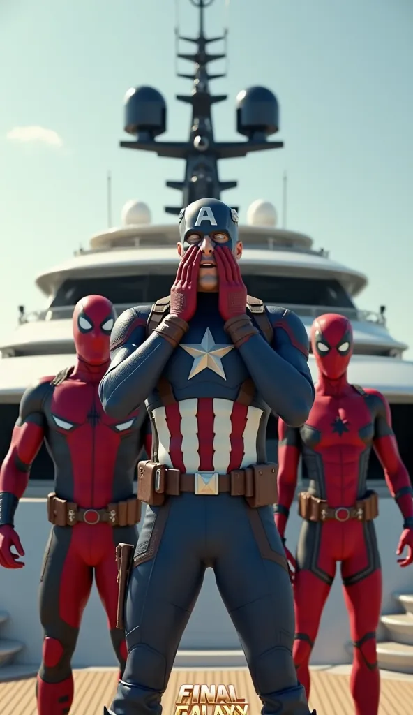 "A high-quality cinematic render of Captain America standing on a luxurious yacht, looking shocked with hands on his face. Deadpool and Spider-Man stand on either side of him, leaning in mischievously. The background shows the modern, sleek design of the y...