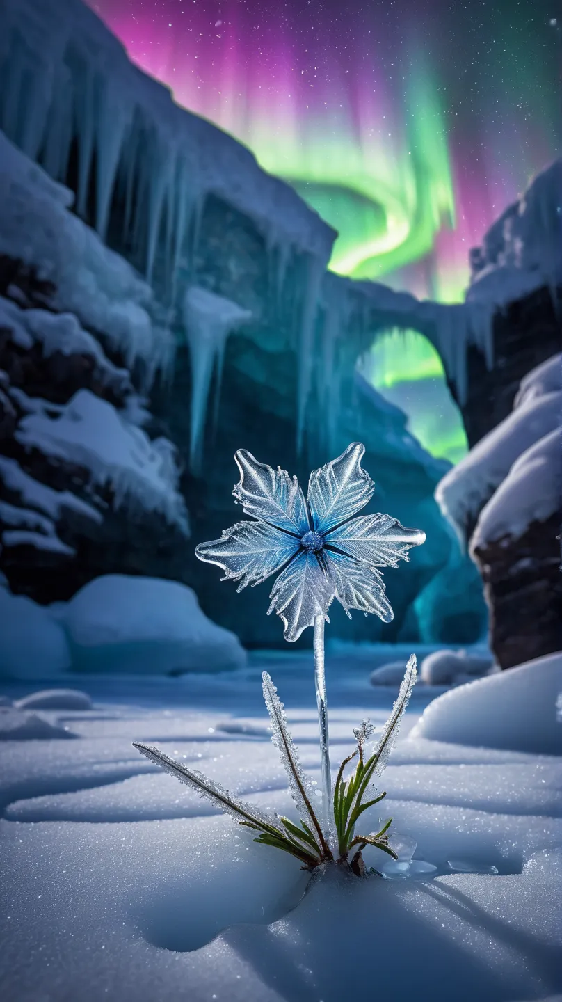 Ice Land、One ice flower is blooming from a rift in the ice、An ice butterfly flying around a flower、 Snowflakes、 auroras、Spotlight、glitter effect to mask,  lens flare, background blur, 