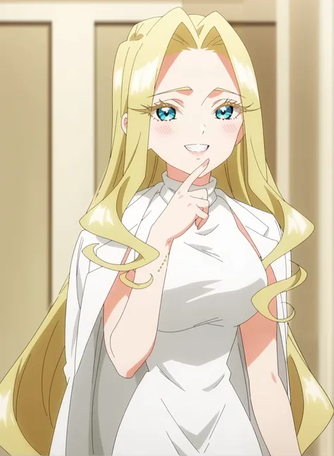 score_9, score_8_up, score_7_up, source_anime, mimimi utsukushisugi, long hair, bangs, blue eyes, blonde hair, very long hair, parted bangs, hair intakes, colored eyelashes, breasts, anime screencap, dress, jacket, sleeveless, white dress, sleeveless dress...