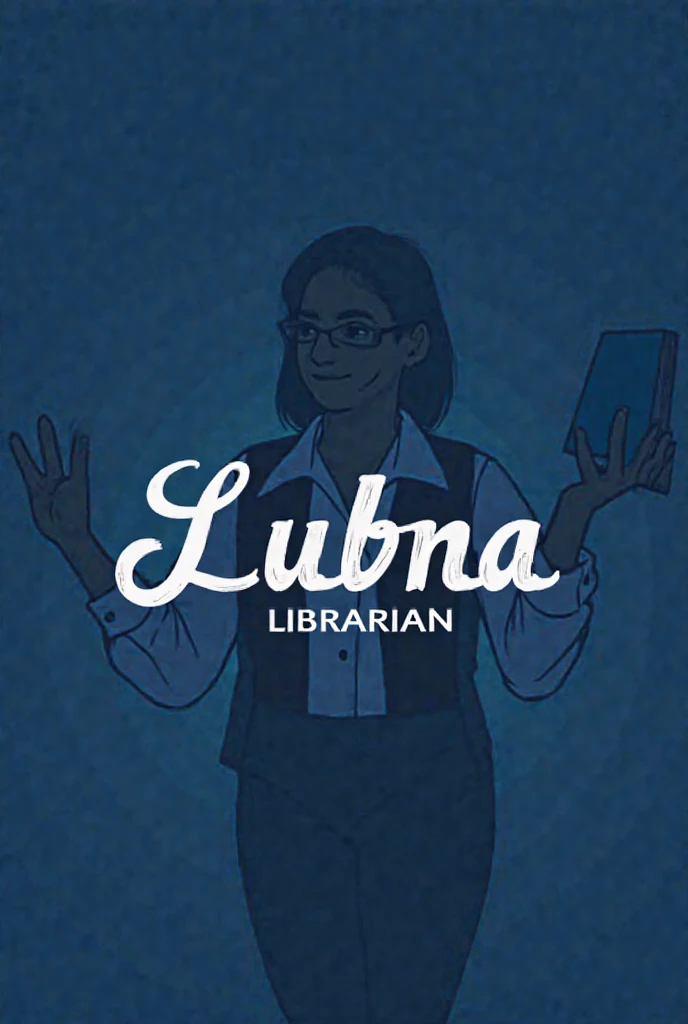 A logo for a YouTube channel named "Lubna Librarian". The logo features a silhouette of a librarian with a white shirt and black vest, wearing glasses and holding a book. The librarian's hands are raised as if to welcome viewers. Over the silhouette, the t...