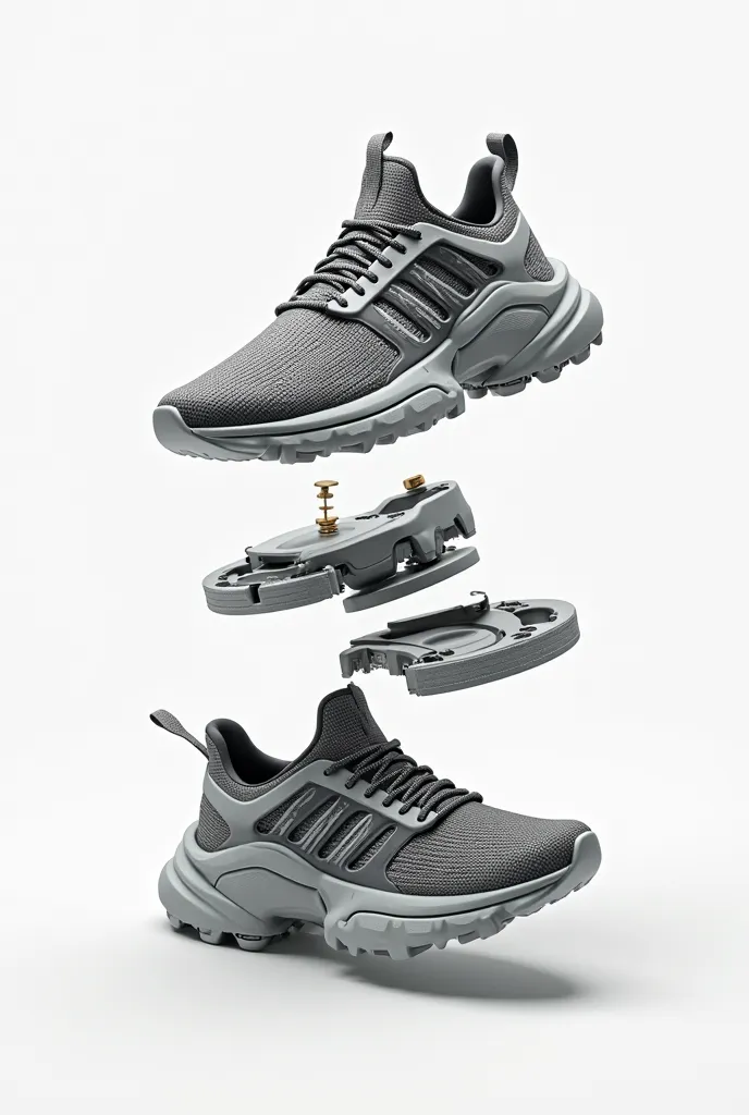 **Prompt:**​
"Hyper-realistic product photography of modular sneakers with magnetic detachable soles, technical exploded view showing interlocking mechanism, eco-friendly recycled materials texture, studio lighting with soft shadows, 8K detail, minimalist ...