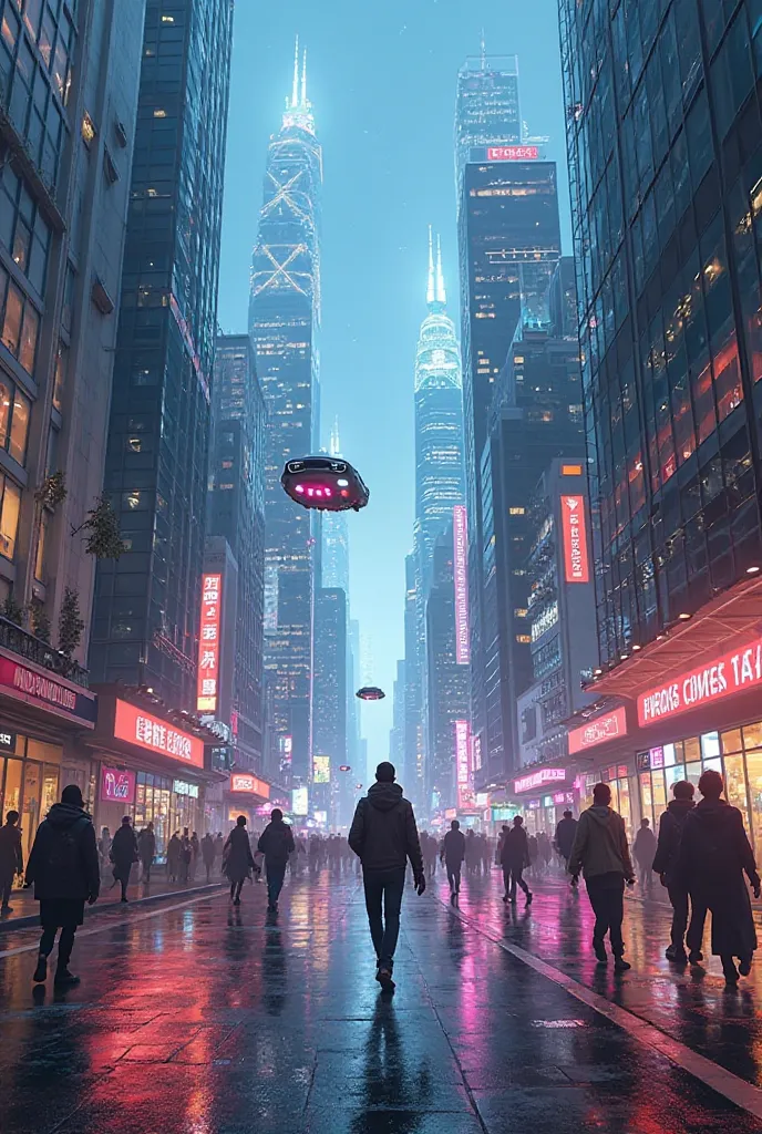  

You're walking down street, looking forward. The view is incredible: glass and steel skyscrapers stretch to the sky, with neon lights flashing in all directions. Asphalt is replaced by shiny, smooth material,  that seems to absorb light . You see people...